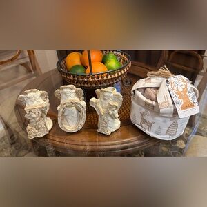Set of “JOY” Angel Candle Figurines and Holiday Washcloth Basket